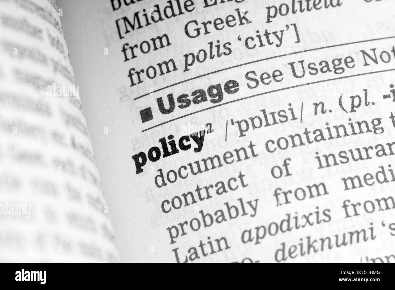 Politik Wörterbuchdefinition Einzelwort mit soft focus Stockfoto