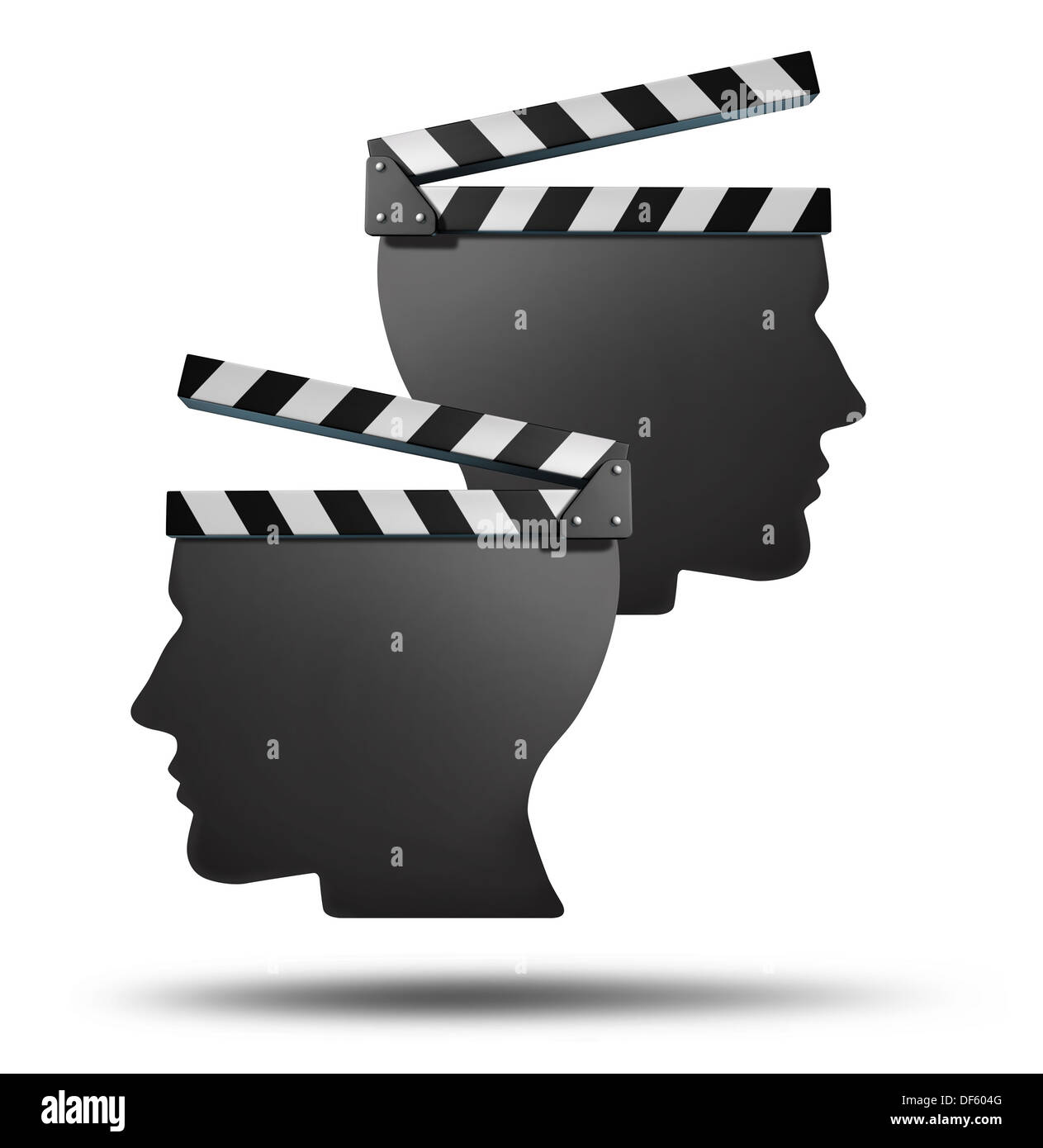 Film Film und Partnerschaft Vereinbarung Gruppenkonzept mit zwei offenen Kino Schindeln in der Form eines menschlichen Kopfes als Unterhaltung Geschäft Team Symbol der Filmproduktion oder kontrastierenden Kreativdirektion und Vision. Stockfoto