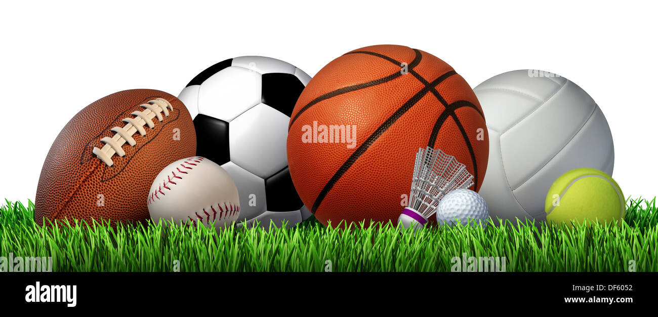 Erholung Freizeit Sportgeräte auf dem Rasen mit einem Fußball Basketball Baseball Golf Fußball Tennis Ball Volleyball und Badminton Birdie als Symbol für gesunde körperliche Aktivität isoliert auf einem weißen Hintergrund. Stockfoto