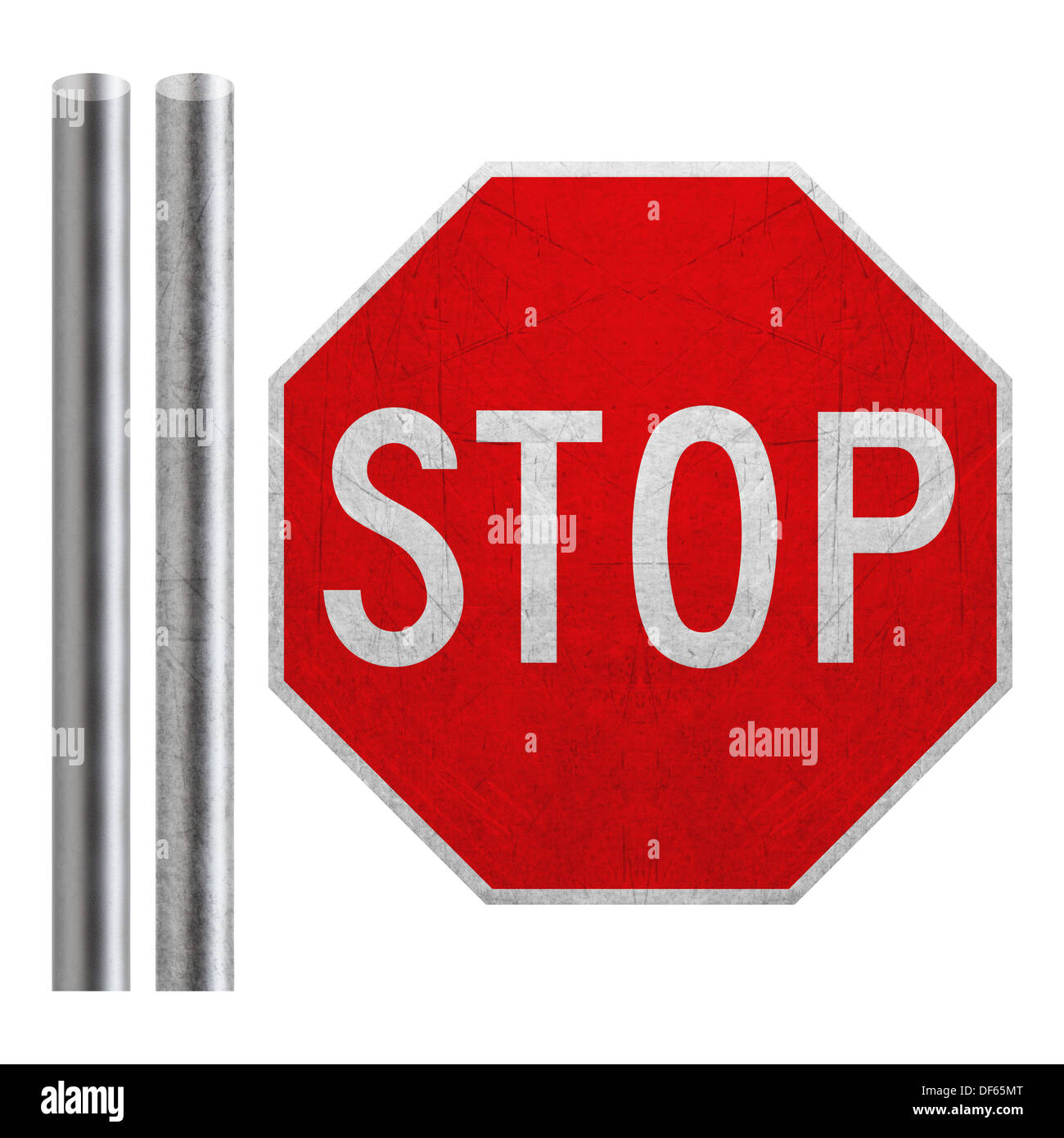 Stop-Schild mit Metallschiene isoliert auf weiss (mit Beschneidungspfad Arbeit) Stockfoto