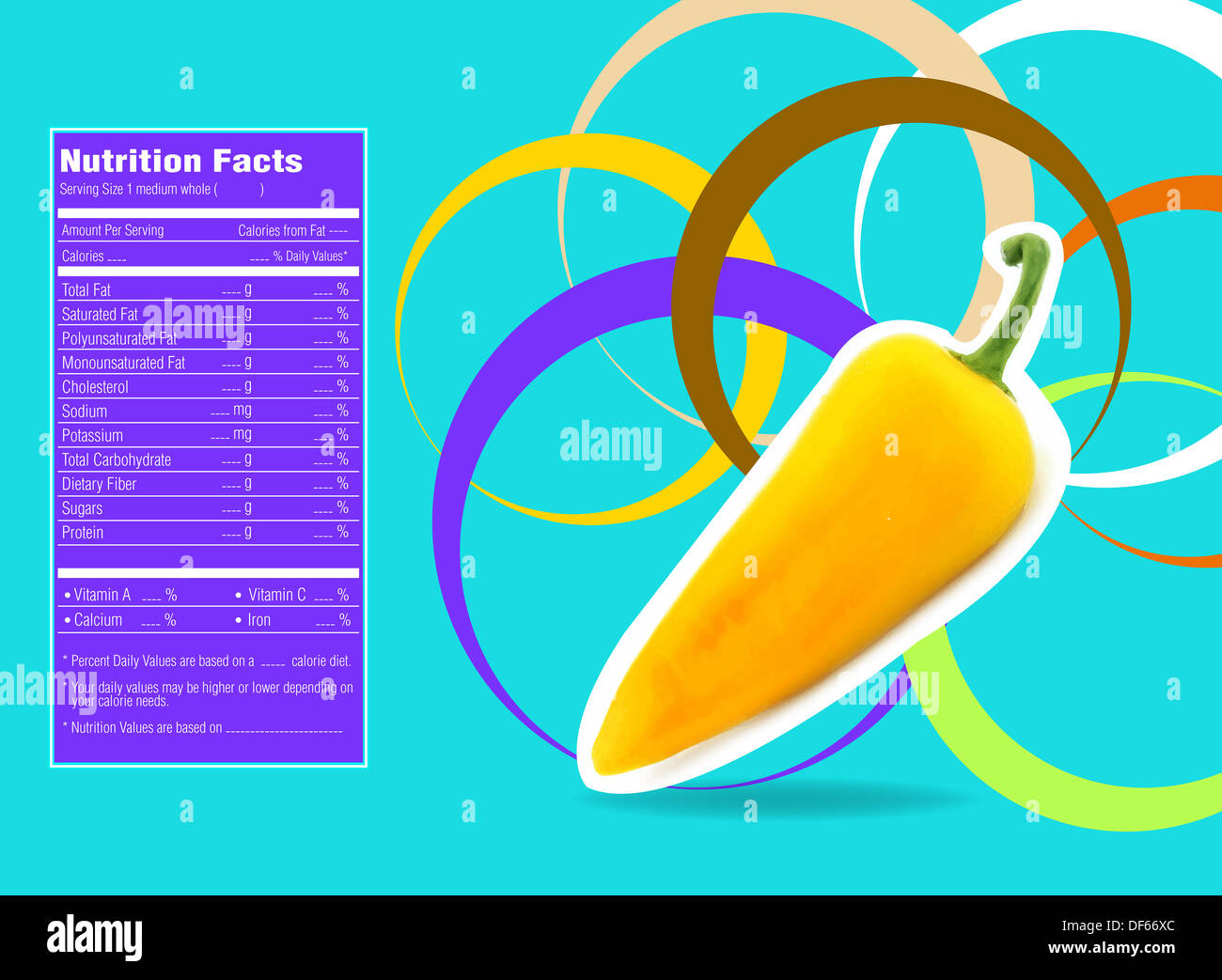 Kreatives Design für gelbe Paprika mit Ernährung Fakten Label. Stockfoto