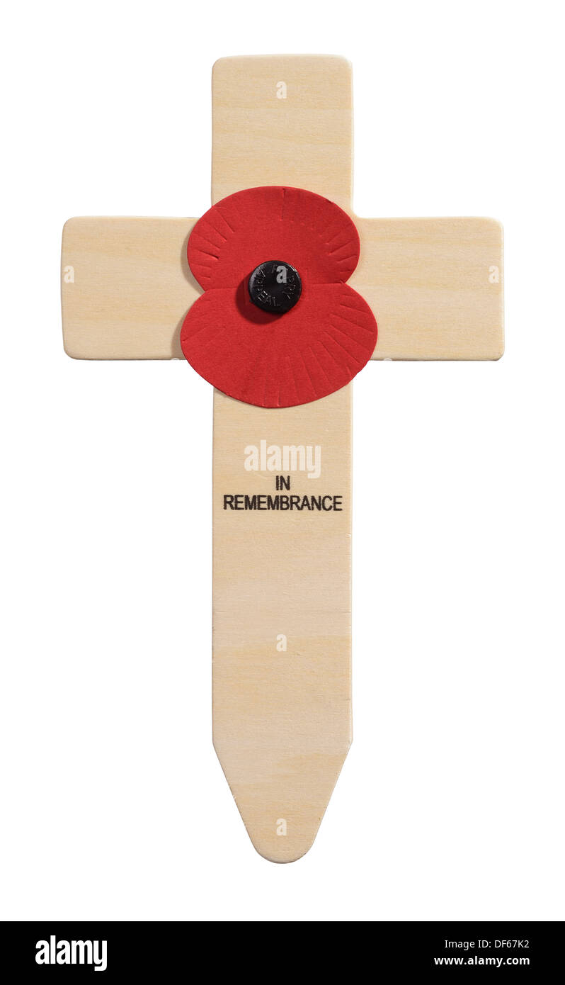 Hölzernes Kreuz und roter Mohn in Erinnerung Stockfoto