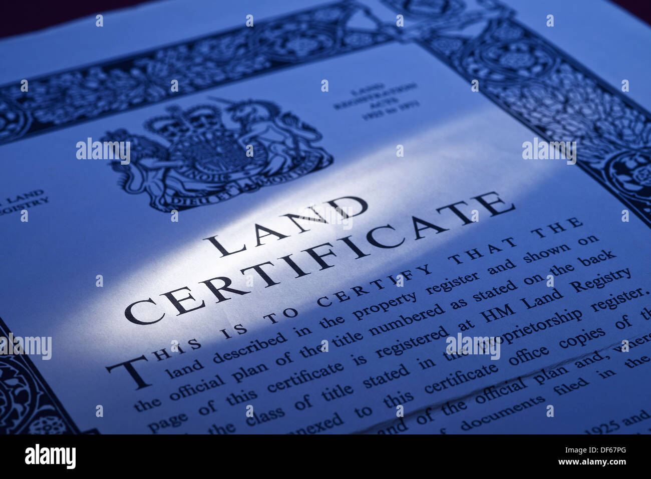 UK Land Registry Land Zertifikat Eigentumsdokument Stockfoto