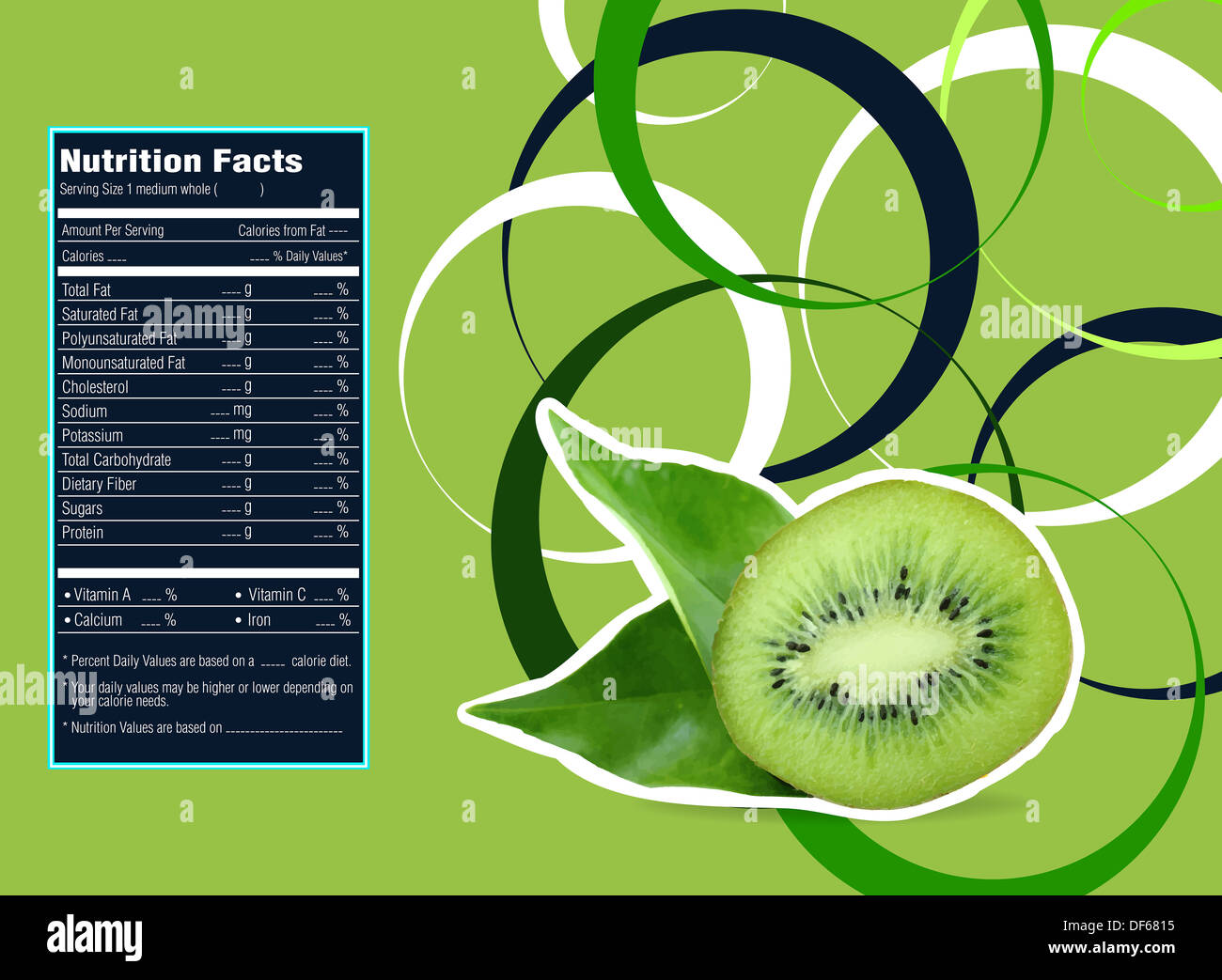 Kreatives Design für Kiwi mit Ernährung Fakten Label. Stockfoto