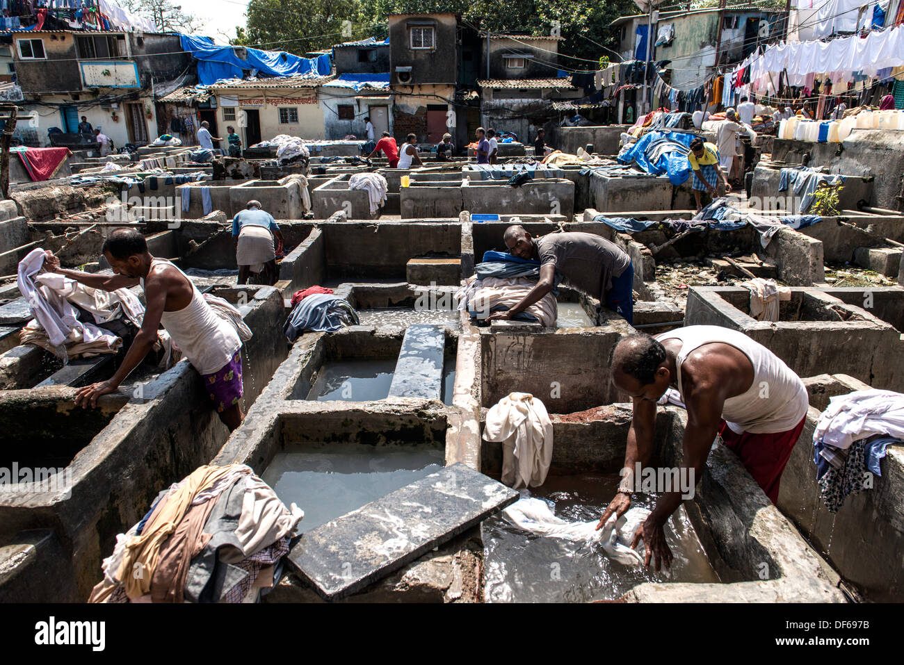 Indische Männer Wäsche waschen bei Mahalaxmi Dhobi Ghat oder Waschsalon Mumbai Indien Stockfoto