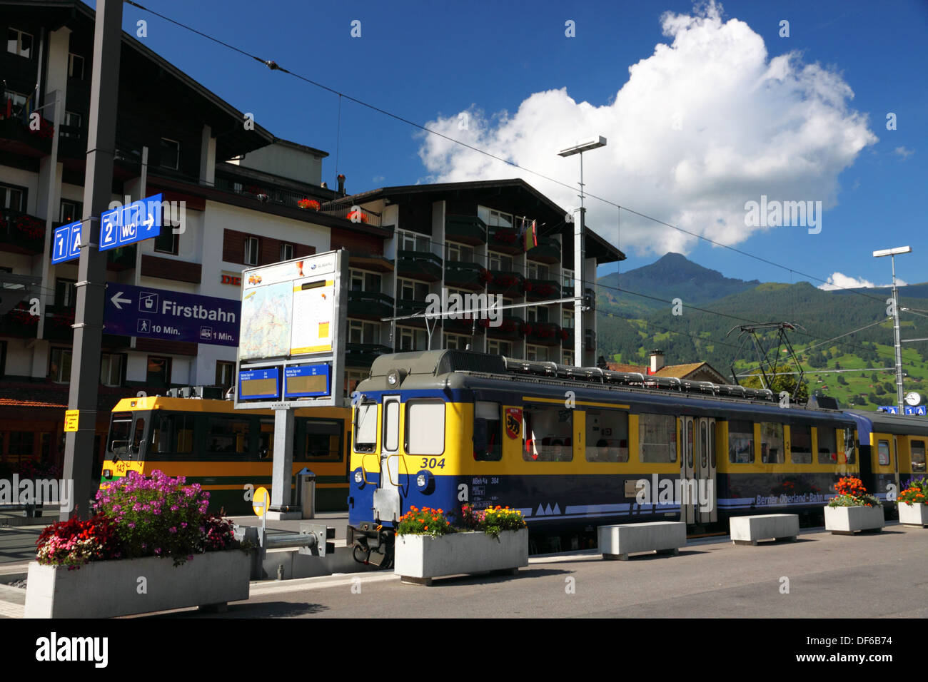 Gelb und blau Berner Oberland-Bahn und Wengeneralpbahn Züge in Grindelwald,  Schweiz Stockfotografie - Alamy