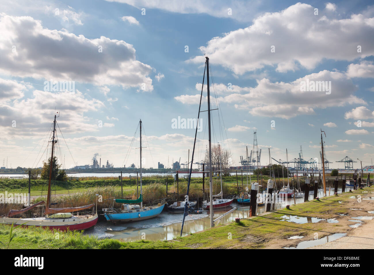 Blick von der verlassenen Dorf Lillo auf den geschäftigen Hafen von Antwerpen auf der anderen Seite des Flusses Schelde Stockfoto