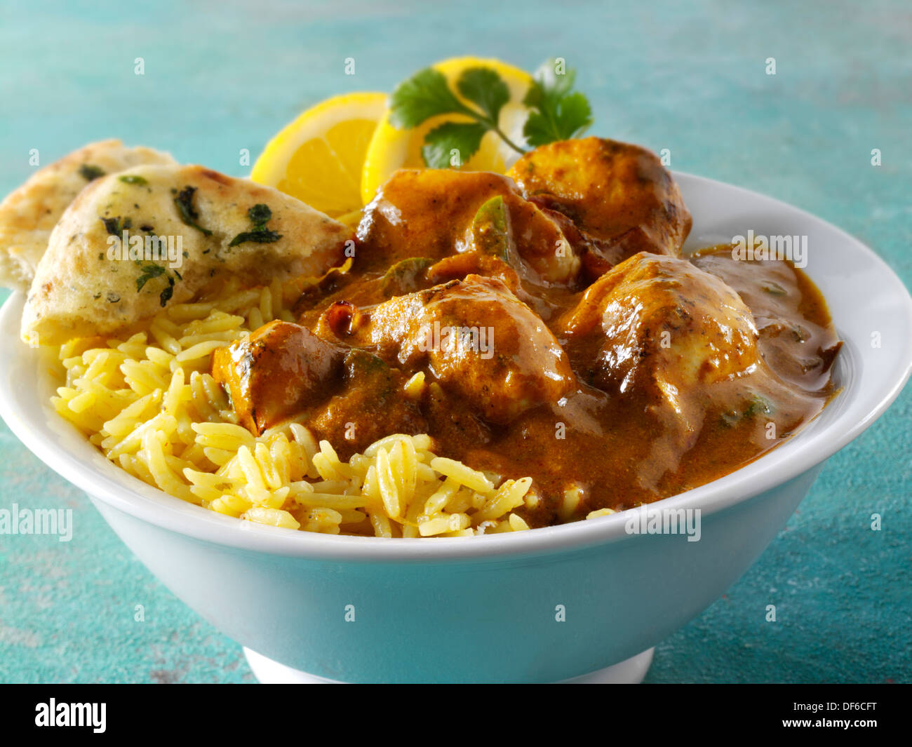 Chicken Vindaloo, Pilau Reis Stockfoto