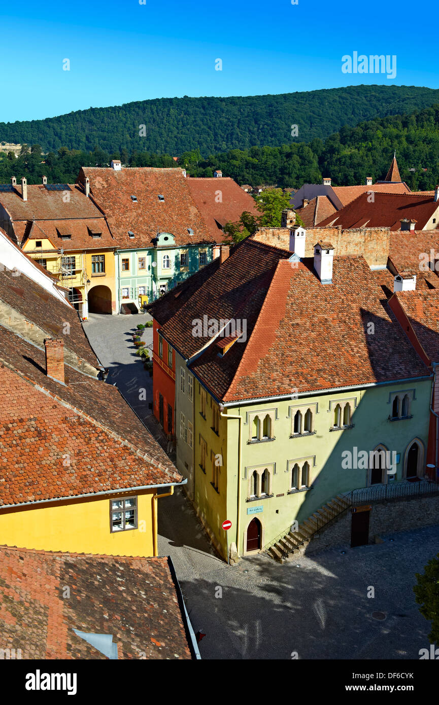 Ansicht von Sighisoara/Schäßburg sächsischen befestigte mittelalterliche Zitadelle vom Uhrturm, Siebenbürgen, Rumänien Stockfoto
