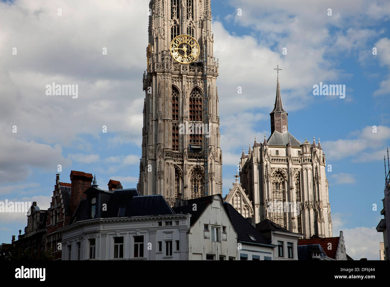 Kirche, Turm von der Onze-Lieve-Vrouwekathedraal (Kathedrale unserer lieben Frau) in Antwerpen, Belgien Stockfoto