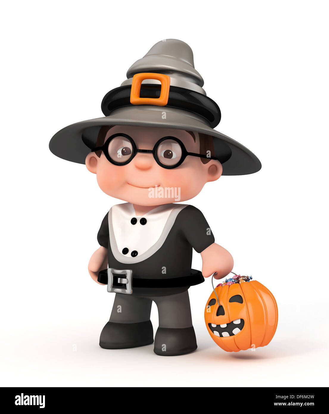 3D Halloween Kind mit Kürbis und Süßigkeiten Stockfoto