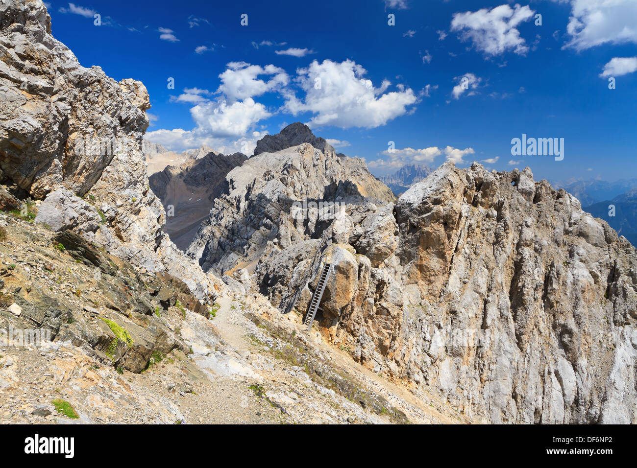Wanderweg auf Costabella Grat mit einer großen Holzleiter, Trentino, Italien Stockfoto