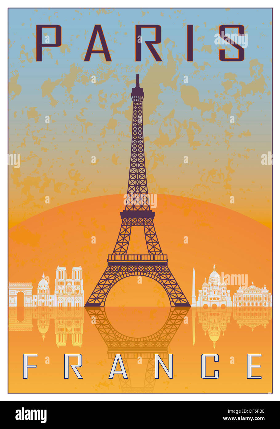 Vintage Poster Paris in orange und blau strukturierten Hintergrund mit Skyline in weiß Stockfoto