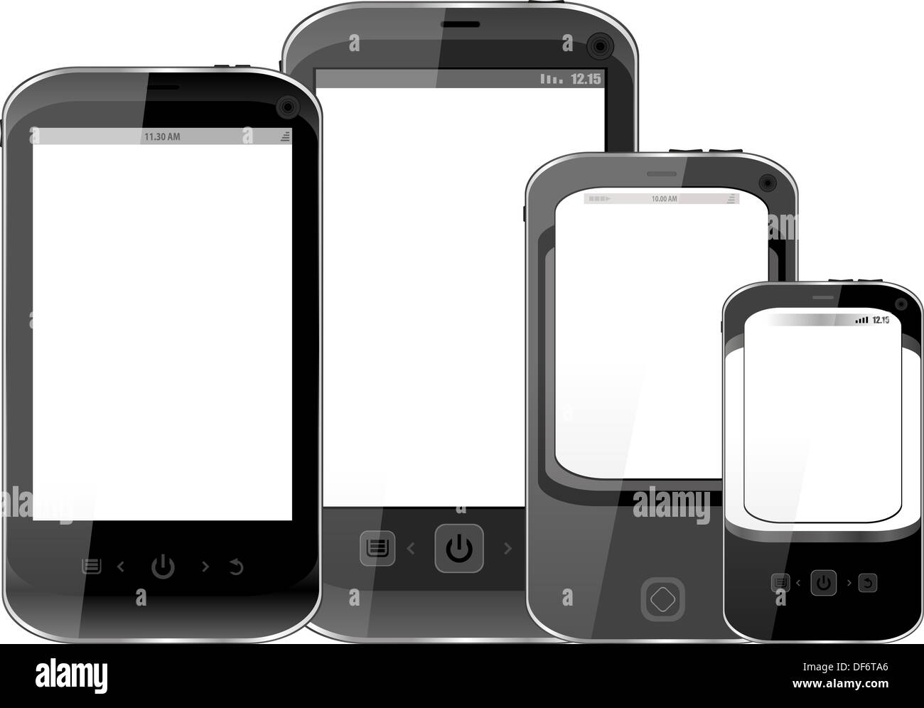 Fotorealistische Darstellung von verschiedenen Smartphones mit Exemplar auf dem Bildschirm - isoliert Stockfoto