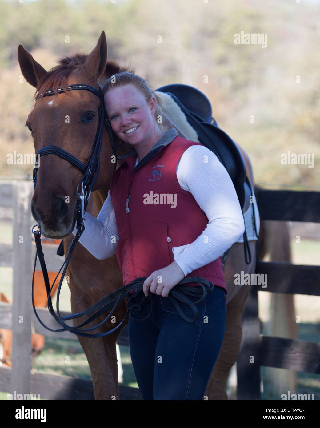 Frau mit Dressurpferd Stockfoto