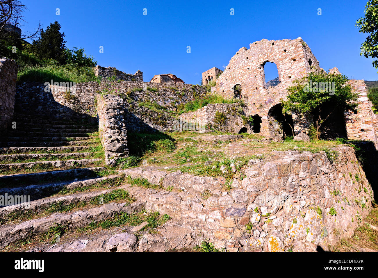 Die Ruinen der byzantinischen Stadt Mythras, in der Nähe von Sparta, Griechenland Stockfoto