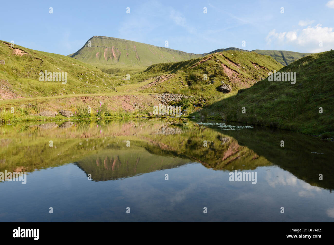 Picws Du, der höchste Punkt in Carmarthen Fans, spiegelt sich in einem kleinen Teich. Brecon Beacons, Wales, UK. Stockfoto