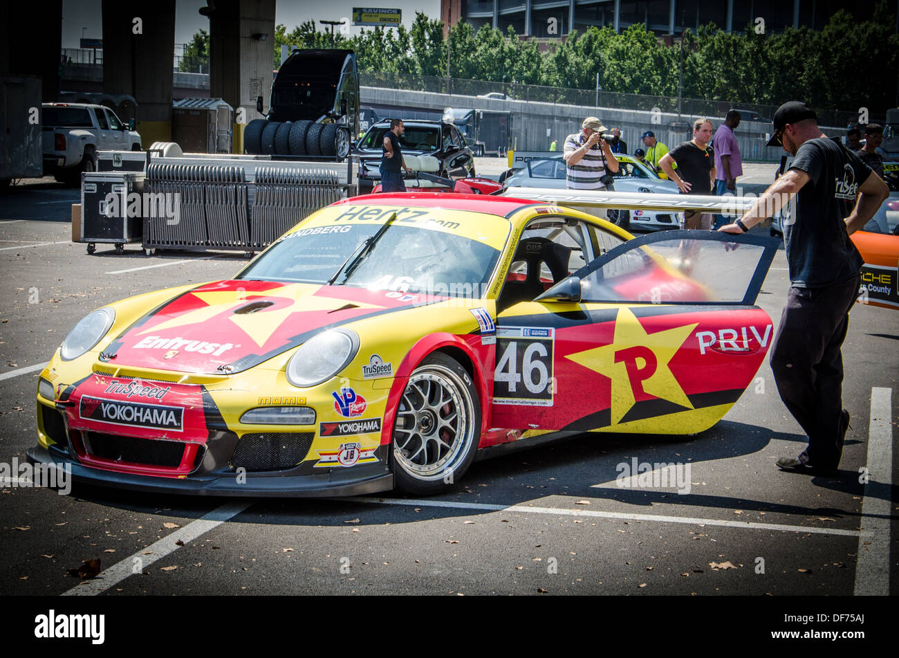 Porsche 911 GT3-Fahrzeugen nach dem Baltimore Grand Prix Stockfoto