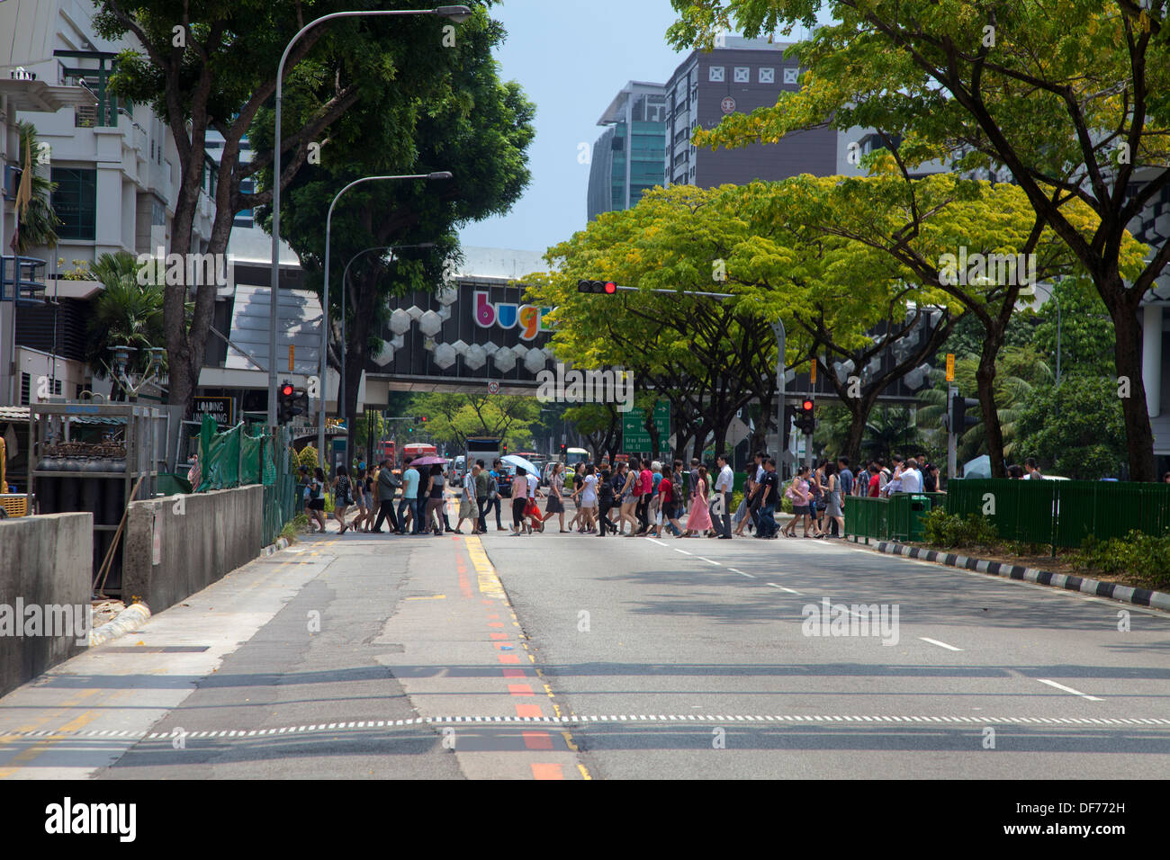Menschen überqueren Straße Singapur Stadt Asien viele Anzahl über Crossover über Bäume Stadt Stadtgebäude Sonnenschirme Stockfoto