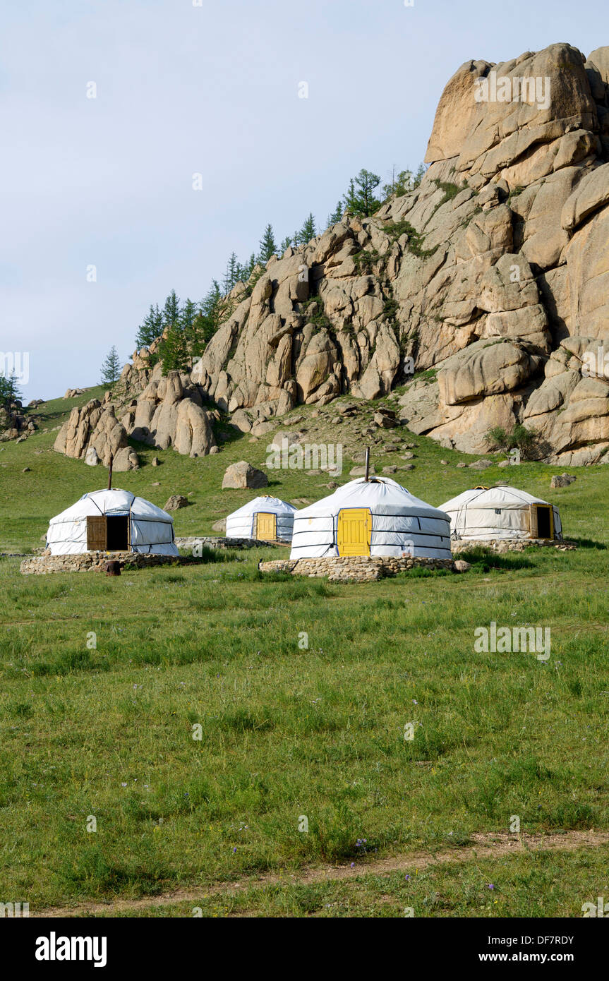 Mongolische Jurten in Gorkhi-Terelji Nationalpark, Mongolei Stockfoto