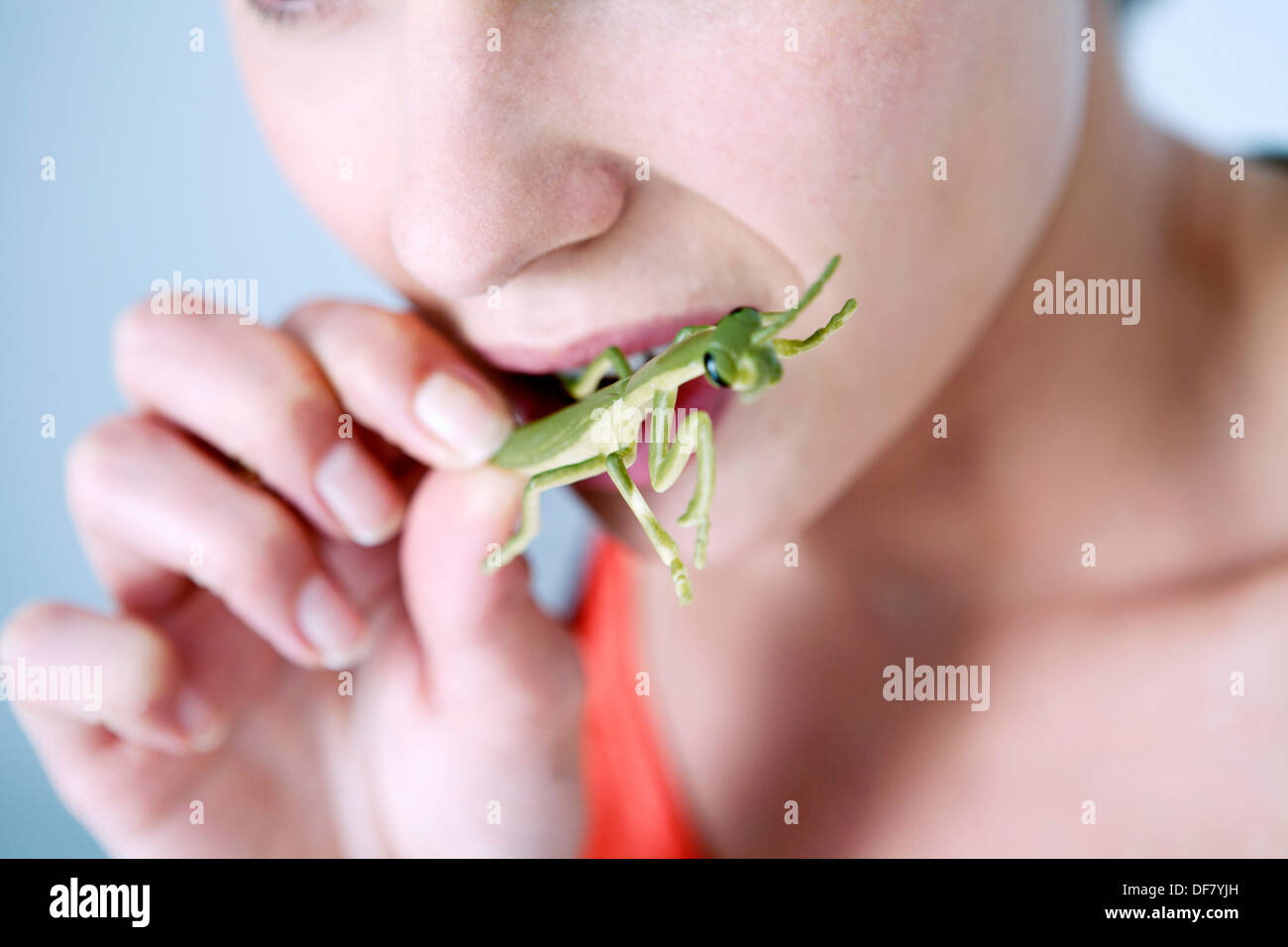 FRAU ESSEN INSEKTEN Stockfoto