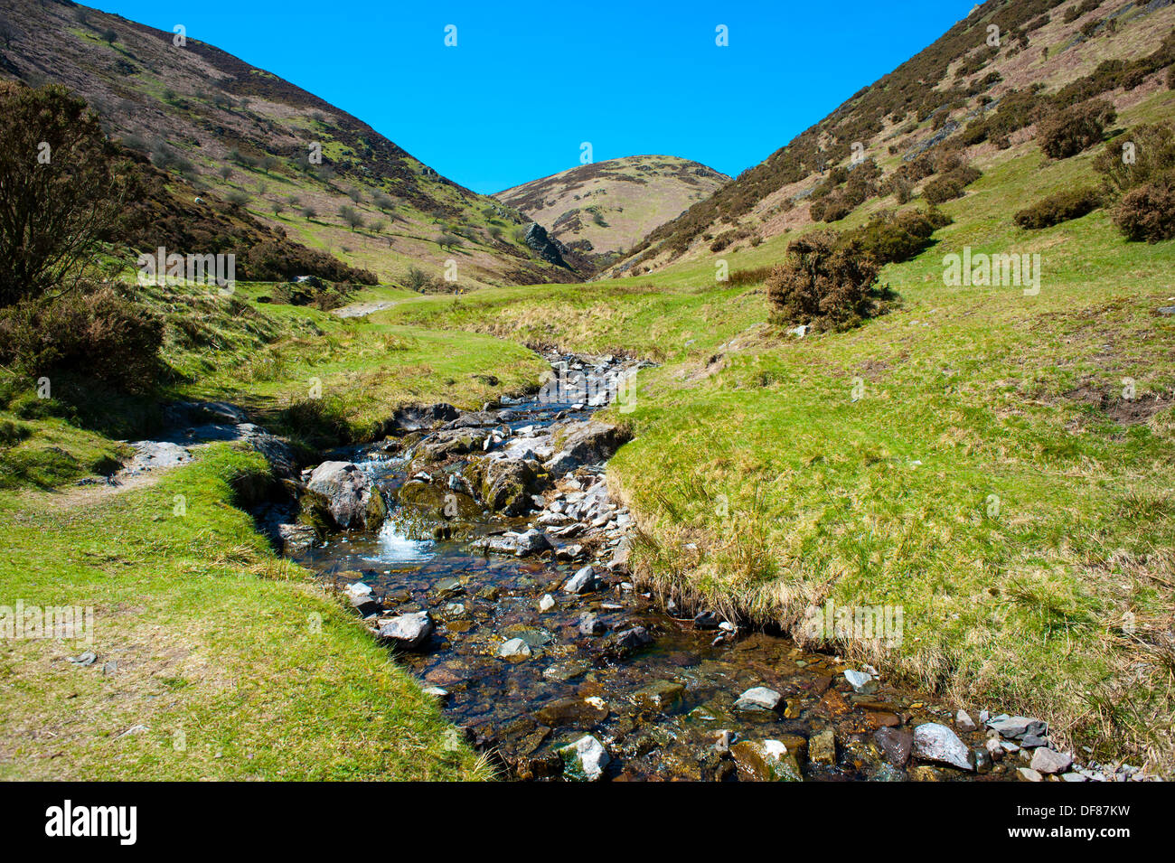 Bach durch Carding Mill Valley, Long Mynd, Kirche Stretton, Shropshire, England Stockfoto
