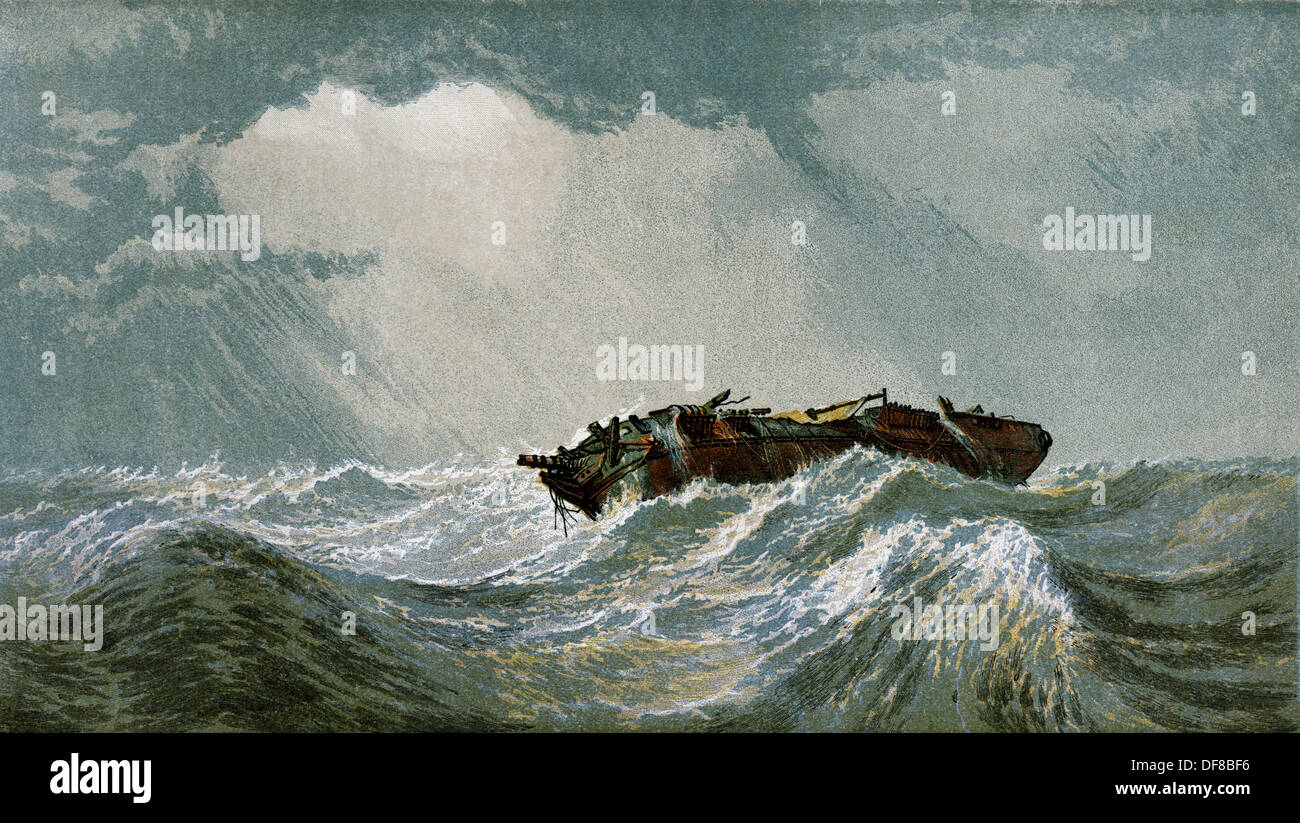 Dismasted Segelschiff, verlassen und hilflos nach einem Gewitter. Farblithographie Stockfoto