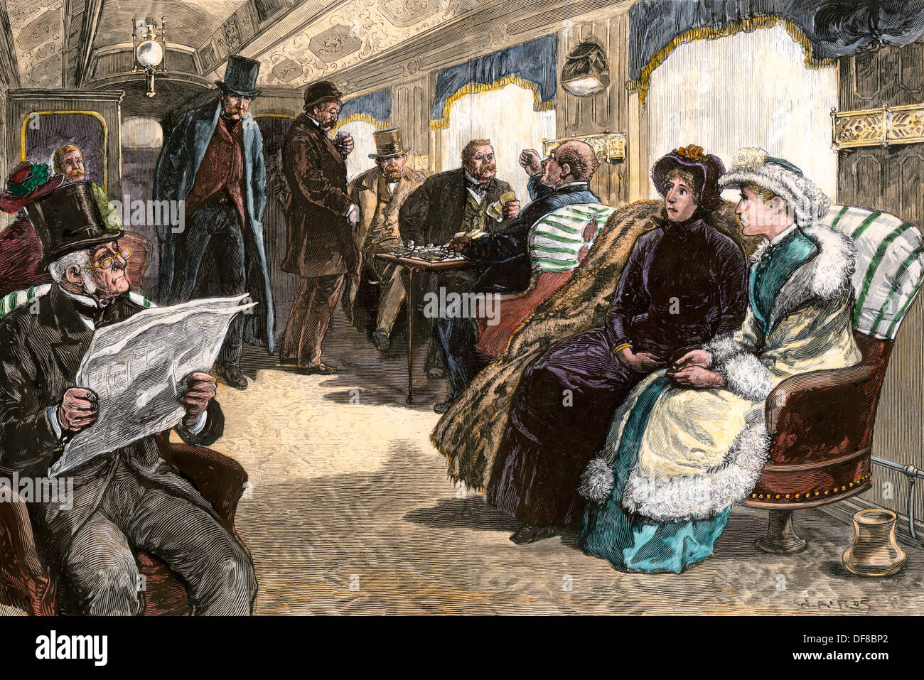 Fahrgäste, die auf der "der gesetzgeberische Train" von NEW YORK CITY nach Albany, New York Central RR, 1870. Hand - farbige Holzschnitt Stockfoto