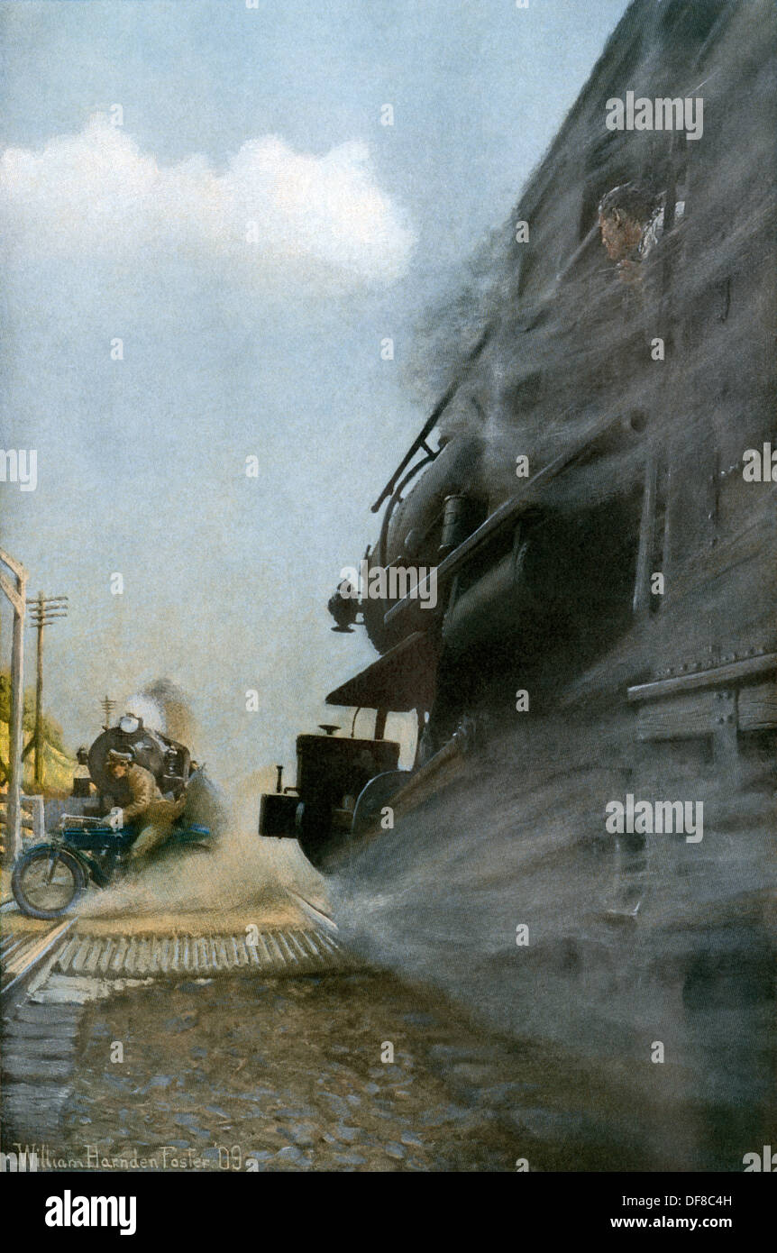 Motorradfahrer nur Knapp entkommt Kreuzung zwischen zwei Lokomotiven, Anfang 1900. Farbe halftone einer Abbildung Stockfoto