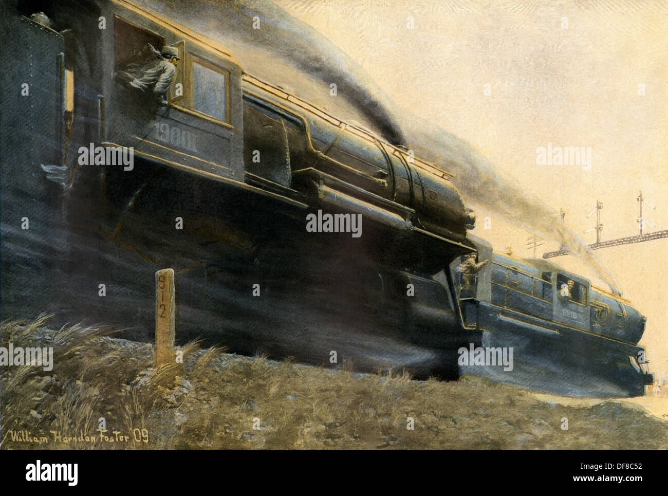 Zwei Lokomotiven Racing auf parallelen Bahnen, Anfang 1900. Farbe halftone einer Abbildung Stockfoto