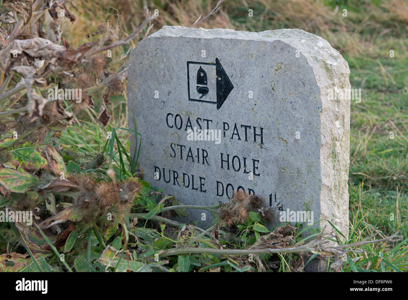 Ein alten steinernen Pfad/Weg-Marker markiert die Küstenwanderung von Lulworth Cove zu Durdle Door. Dorset, England, Vereinigtes Königreich Stockfoto