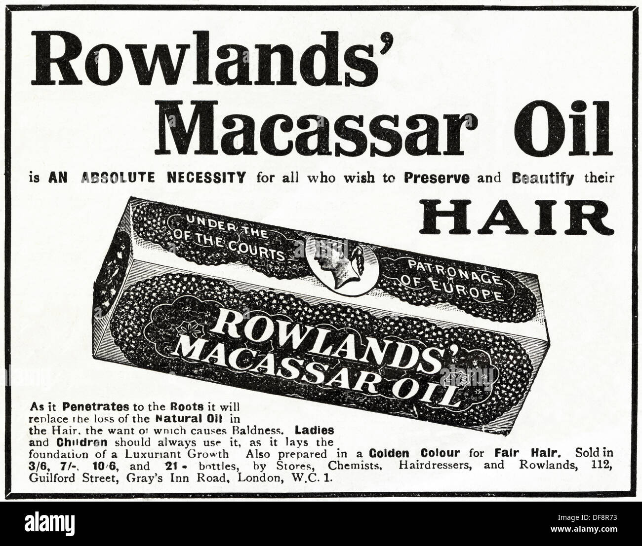 Original 1920er Jahre Werbung Werbung ROWLANDS Makassar Öl für die Haare, Verbraucher Magazin Anzeige ca. 1924 Stockfoto