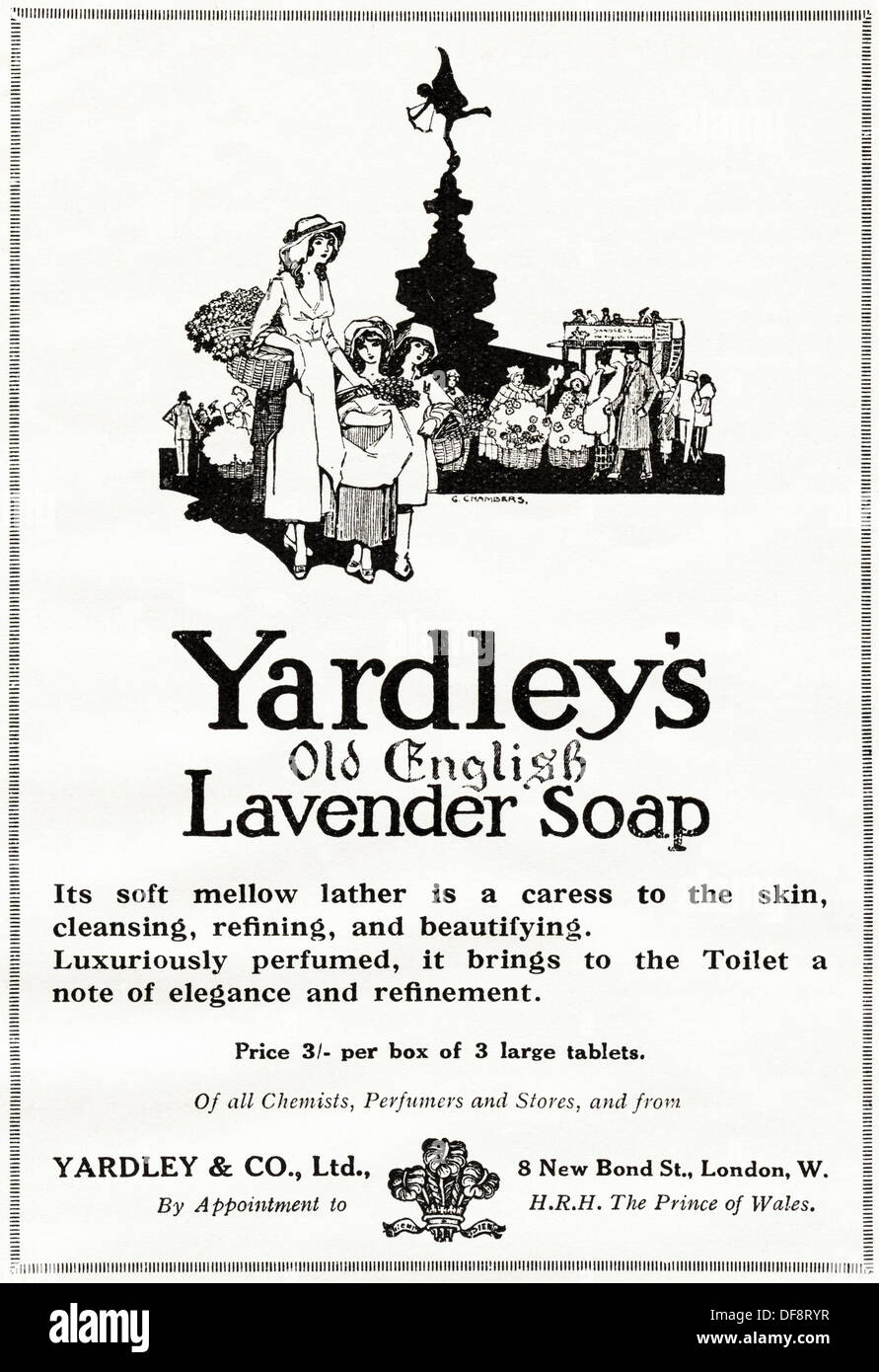 Original 1920er Jahre Werbung Werbung YARDLEYs alten englischen Lavendel Seife, Verbraucher Magazin Anzeige ca. 1924 Stockfoto