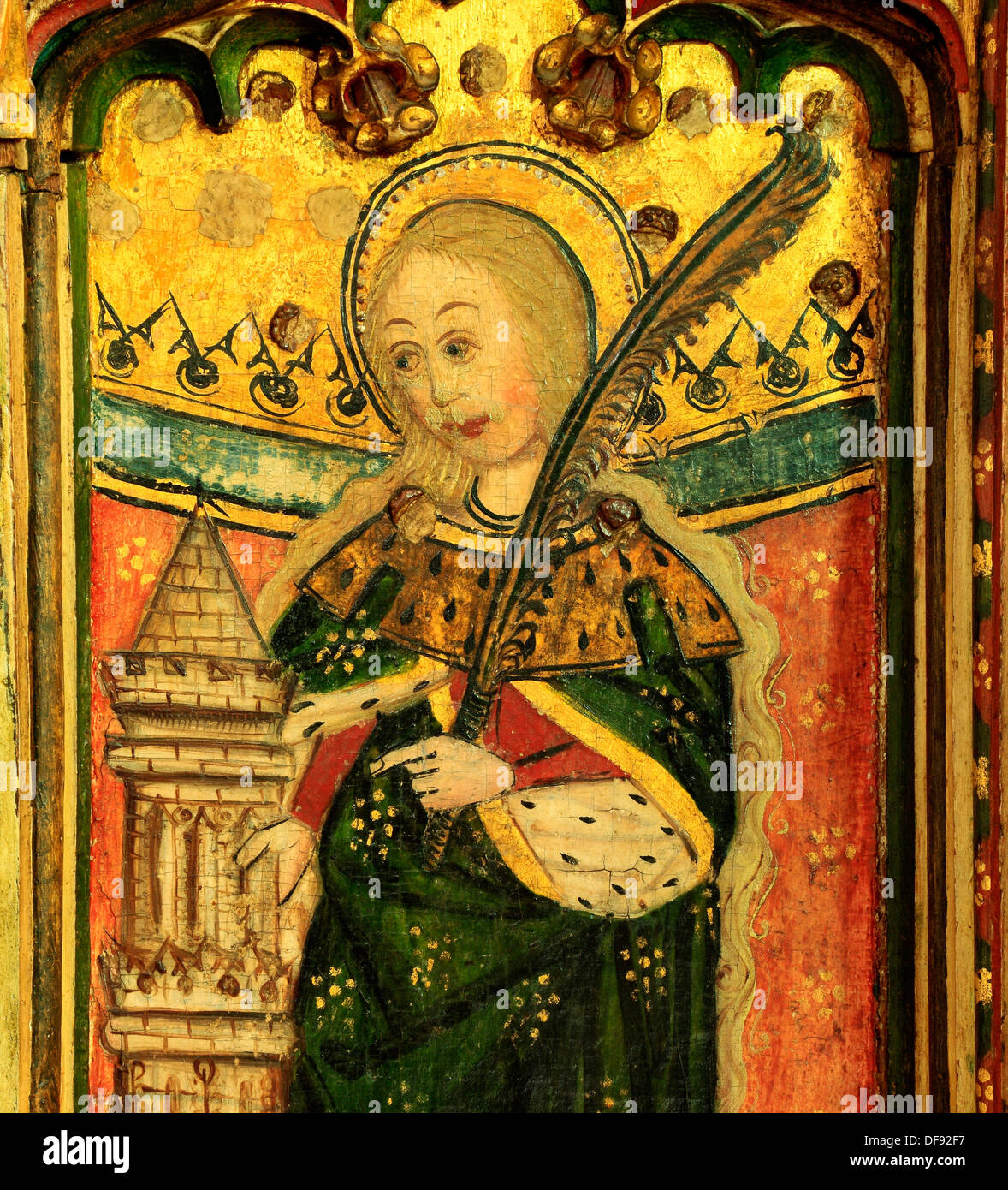 Auge, Suffolk, mittelalterliche Lettner Malerei 1480, Heiligen St. Barbara mit Turm und Palmzweig, Gemälde Kunst christlicher Heiliger Stockfoto