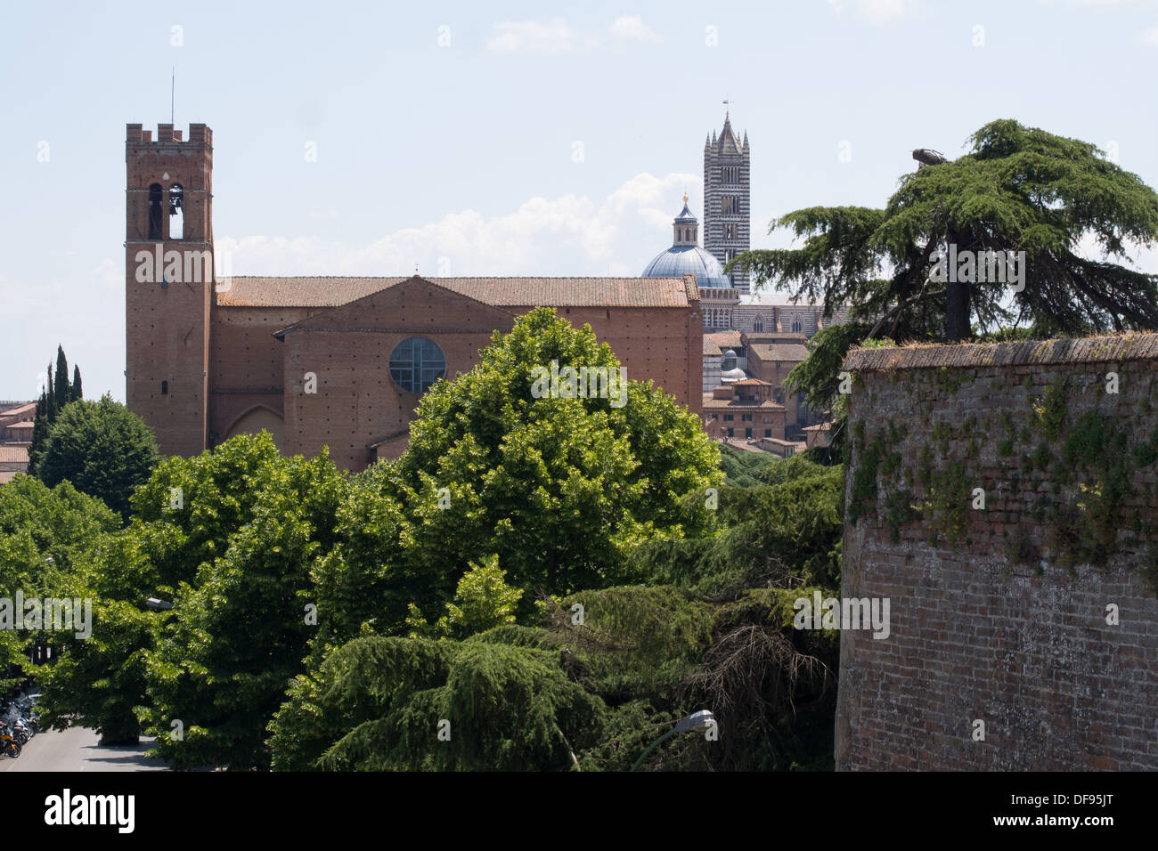 Siena mit der Kirche von San Domenico im Vordergrund und der Duomo hinter, Toskana, Italien Stockfoto