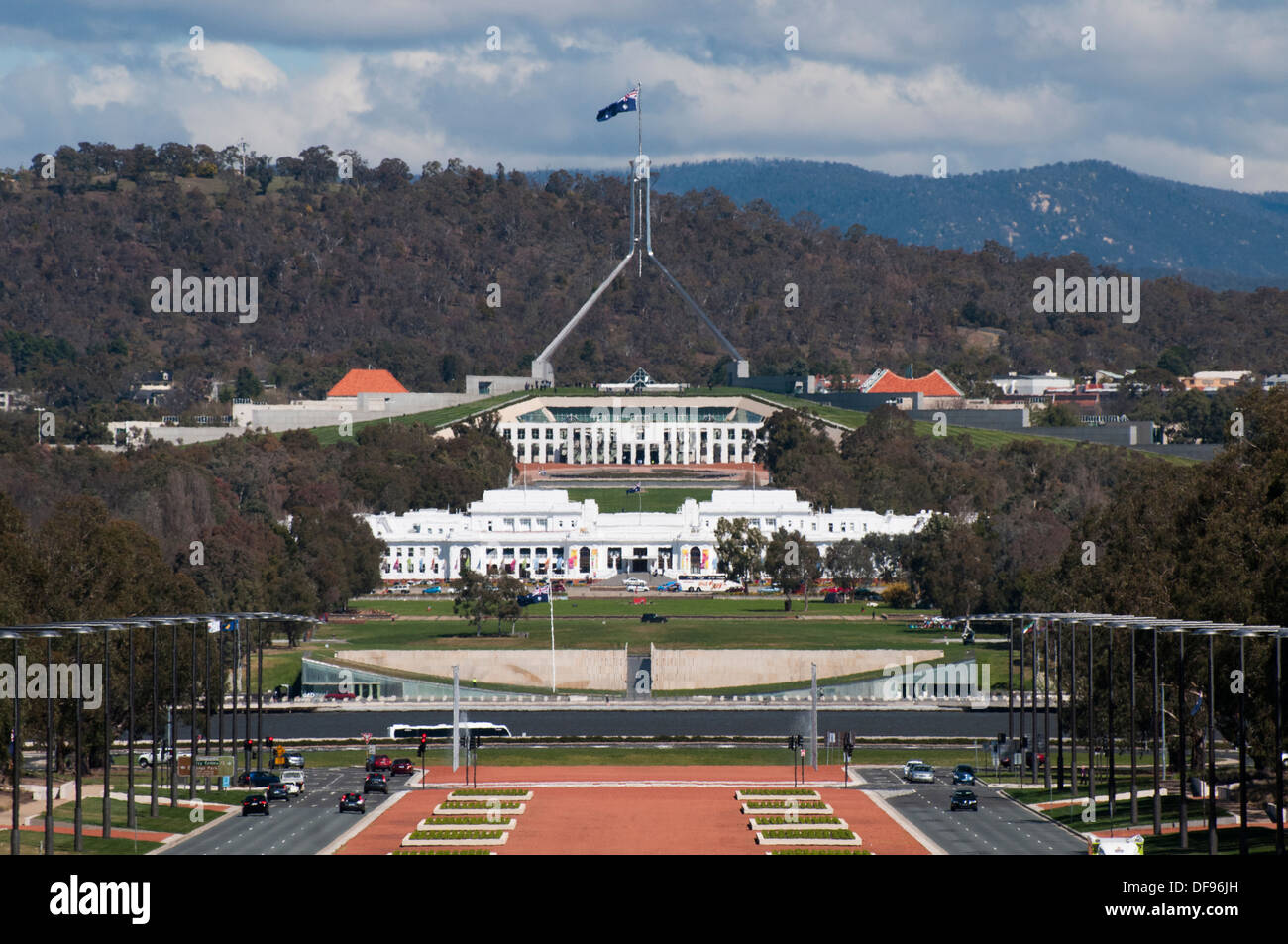 Parliament House in Canberra, gesehen aus dem Australian War Memorial Stockfoto