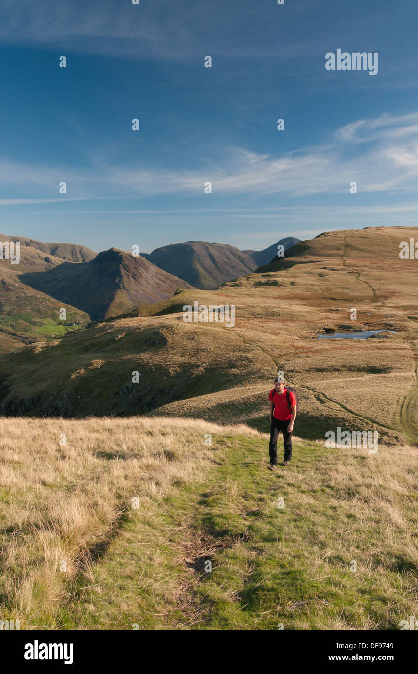 Walker auf Stechginster Rigg im englischen Lake District, mit Illgill Head im Hintergrund Stockfoto
