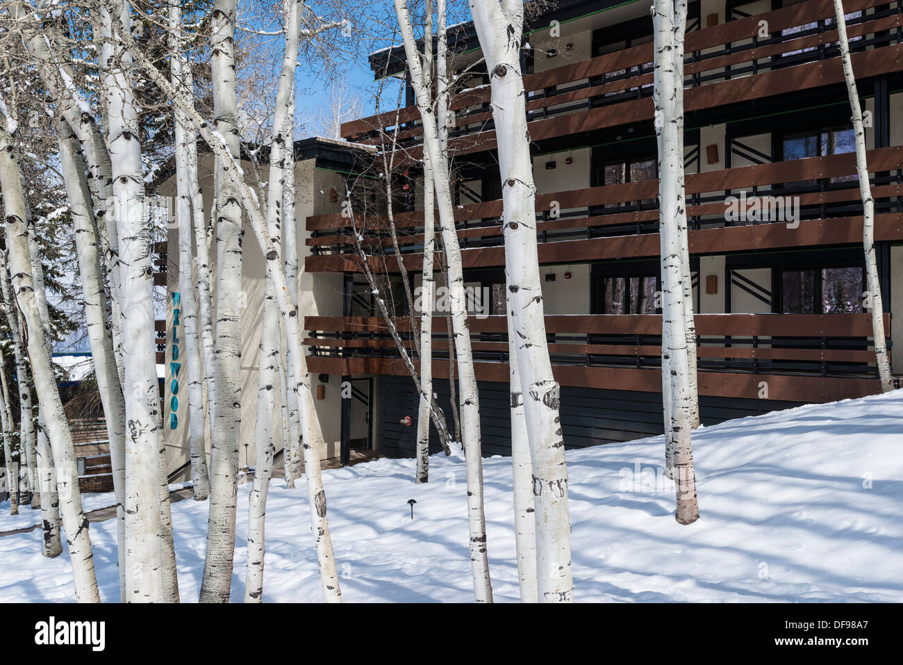 Wildwood Snowmass Hotel, Winter, Skigebiet Snowmass, Colorado. Stockfoto