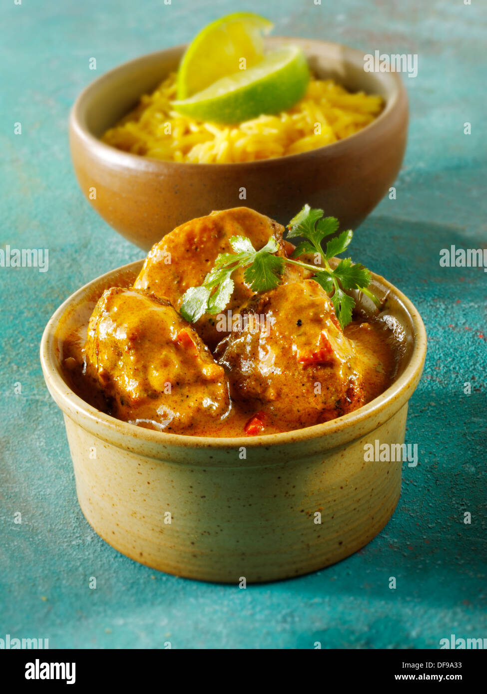 Chicken Vindaloo, Pilau Reis Stockfoto