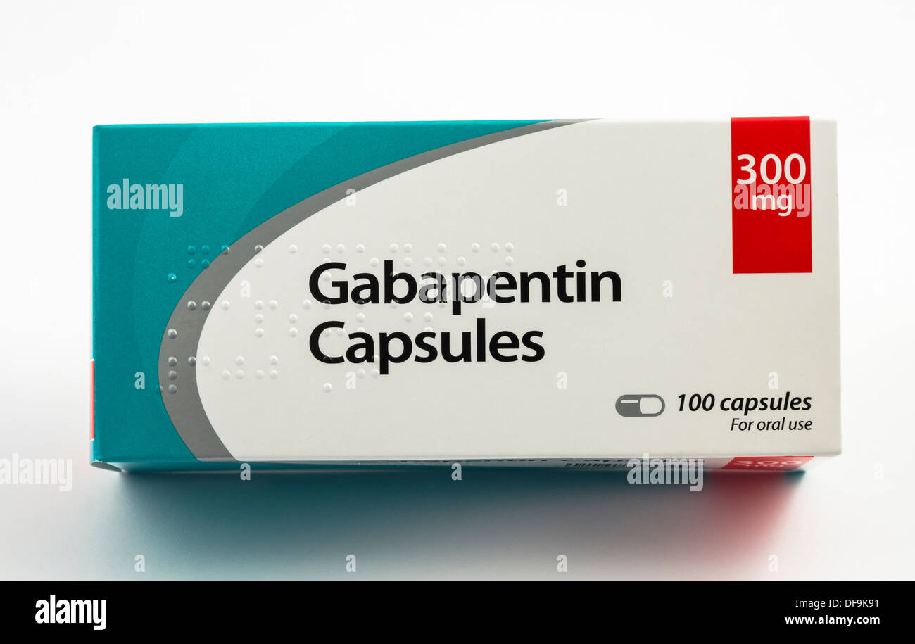 Gabapentin-Paket, ein Medikament zur Behandlung von Epilepsie. Manchmal verwendet für neuropathische Schmerzen. Auch genannt Neurontin® Stockfoto