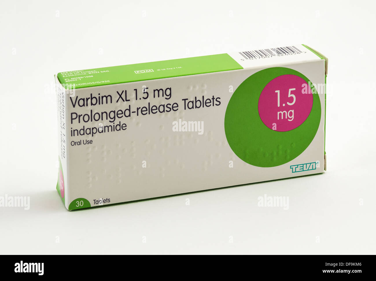 Indapamid gezeigt hier unter dem Handelsnamen Varbim XL verlängerte Freisetzung Tabletten. Dies ist ein Diuretikum zur Behandlung von Bluthochdruck eingesetzt. Stockfoto