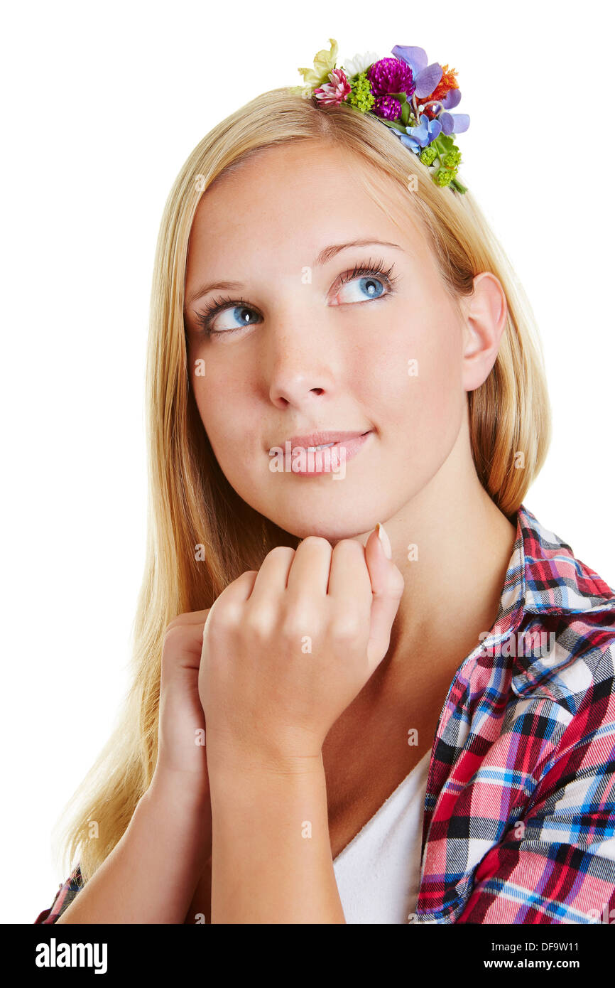 Gesicht der jungen blonden Frau blickte nachdenklich Stockfoto