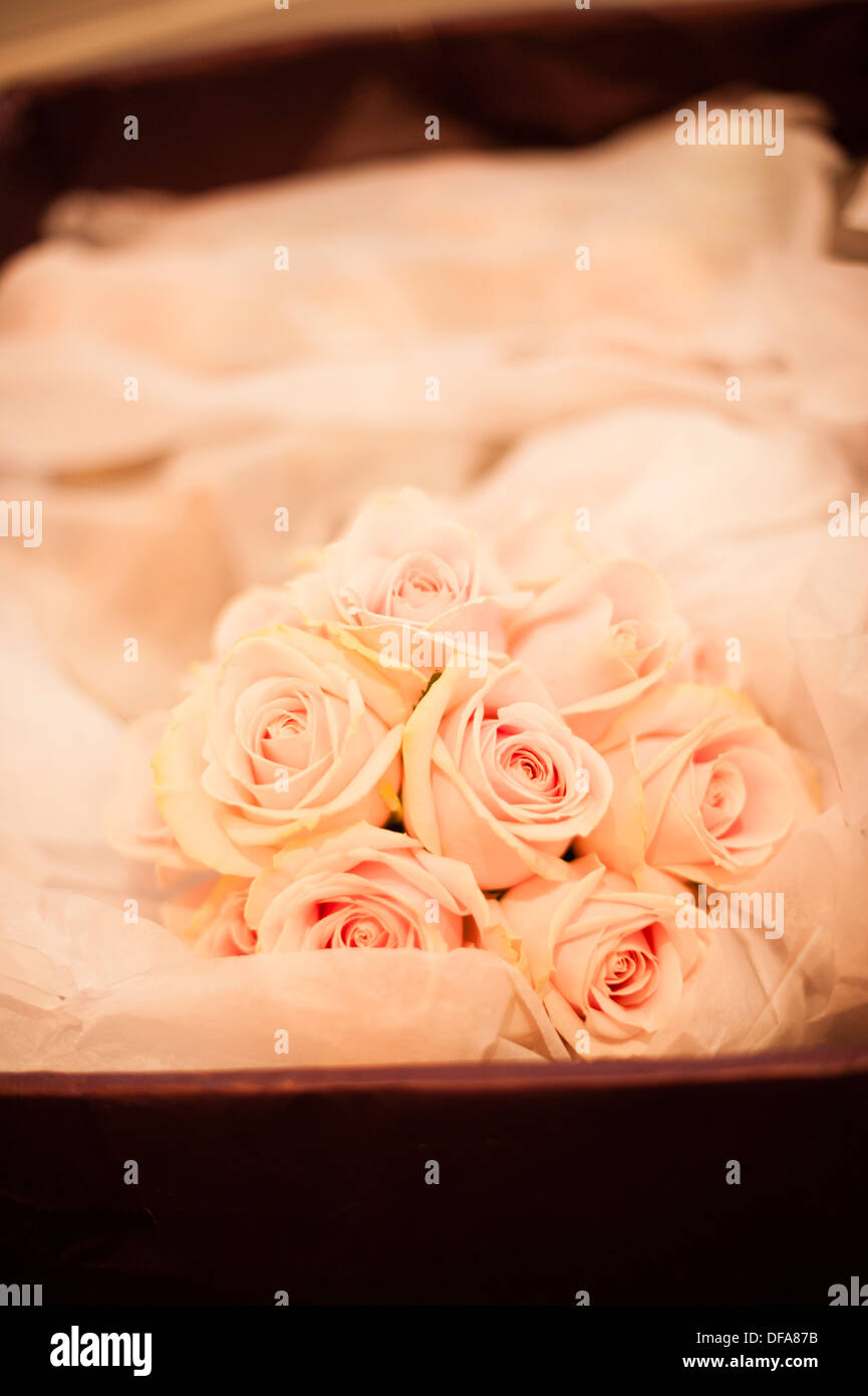 Ein Bouquet von rosa Rosen auf einer Hochzeit, UK Stockfoto