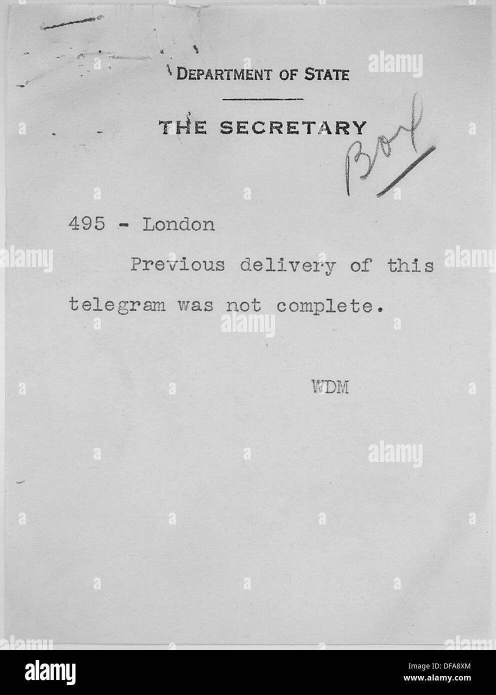 Ein Verweis auf ein Element oder Dokument mit der Bezeichnung „WDM bis unbekannt“, das möglicherweise mit einer historischen Kennzahl, einem Ereignis oder einem Datensatz zusammenhängt. Stockfoto