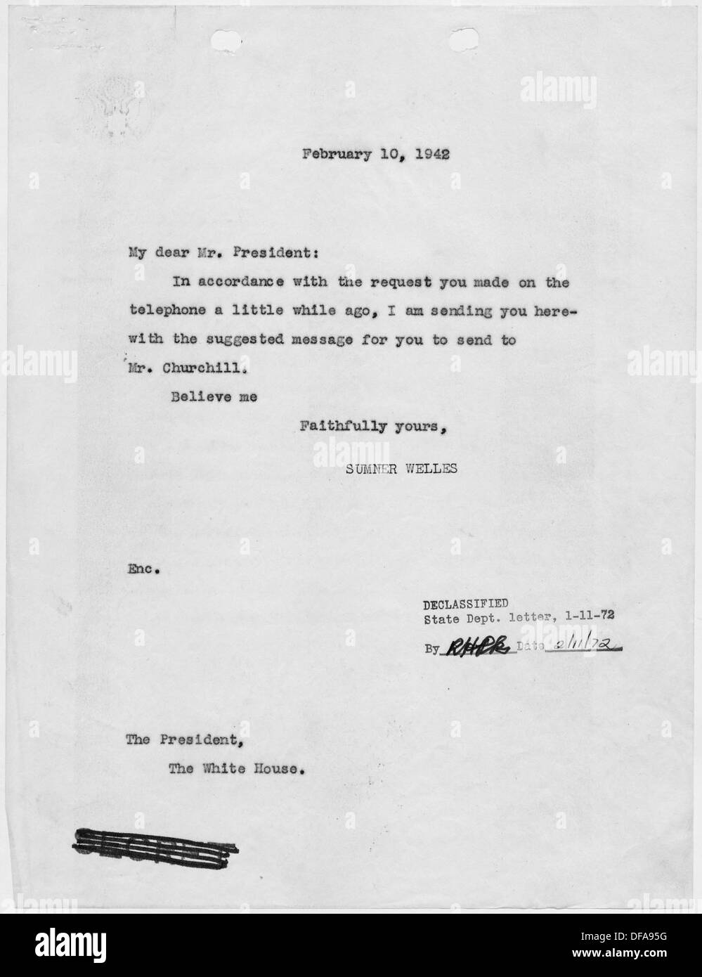 Ein Brief von Welles an Franklin D. Roosevelt, eine wichtige Korrespondenz, die die diplomatische und politische Kommunikation der damaligen Zeit widerspiegelt. Stockfoto