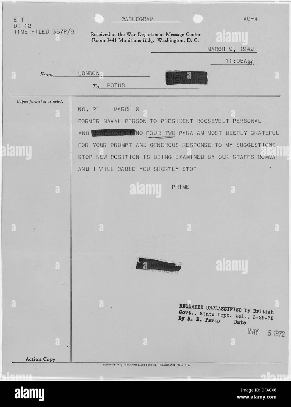 Eine Fotografie eines Briefes von Winston Churchill an Franklin D. Roosevelt, der ihre enge diplomatische Partnerschaft während des Zweiten Weltkriegs widerspiegelt Stockfoto