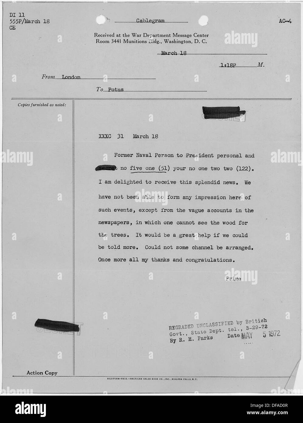 Ein Brief von Winston Churchill an Franklin D. Roosevelt, ein wichtiger Moment in der Diplomatie des Zweiten Weltkriegs. Die Korrespondenz spiegelt die starke Allianz zwischen Großbritannien und den Vereinigten Staaten während des Krieges wider. Stockfoto