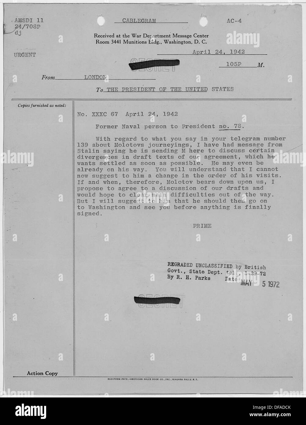 Eine Korrespondenz von Winston Churchill an Franklin D. Roosevelt, in der Fragen von internationaler Bedeutung während des Zweiten Weltkriegs diskutiert werden Stockfoto