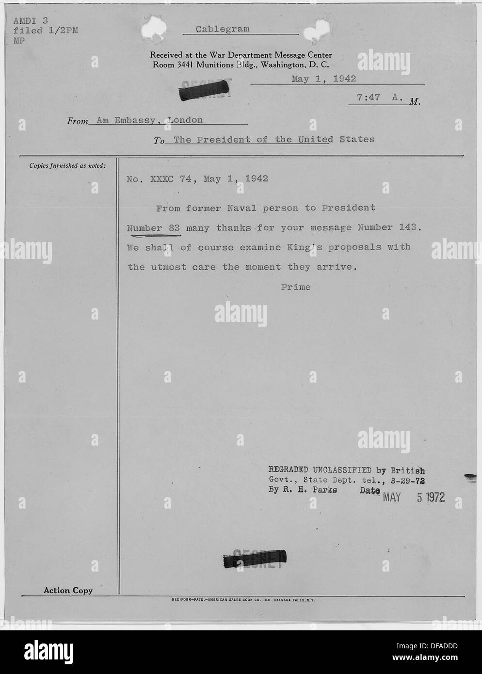 Winston Churchill, britischer Premierminister, schickt Korrespondenz an Franklin D. Roosevelt, den US-Präsidenten, in dem er seine enge Kriegsallianz während des Zweiten Weltkriegs hervorhebt Stockfoto