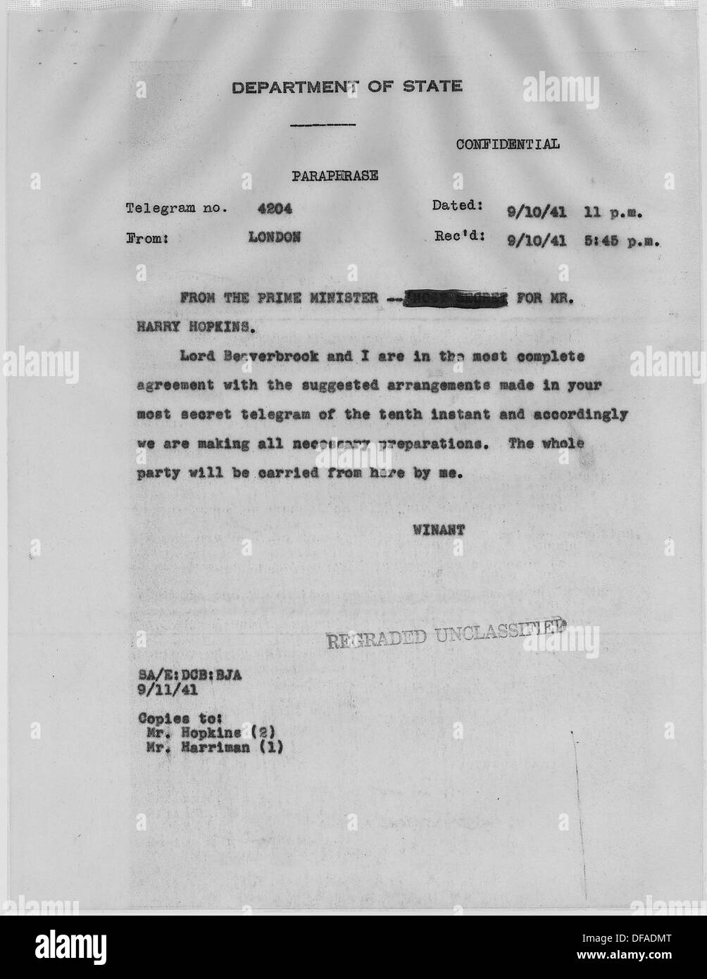 Ein historisches Dokument oder eine Mitteilung von Winston Churchill an Harry Hopkins im Jahr 1949, in dem die diplomatischen Beziehungen zwischen Großbritannien und den USA nach dem Zweiten Weltkrieg dargestellt werden Stockfoto